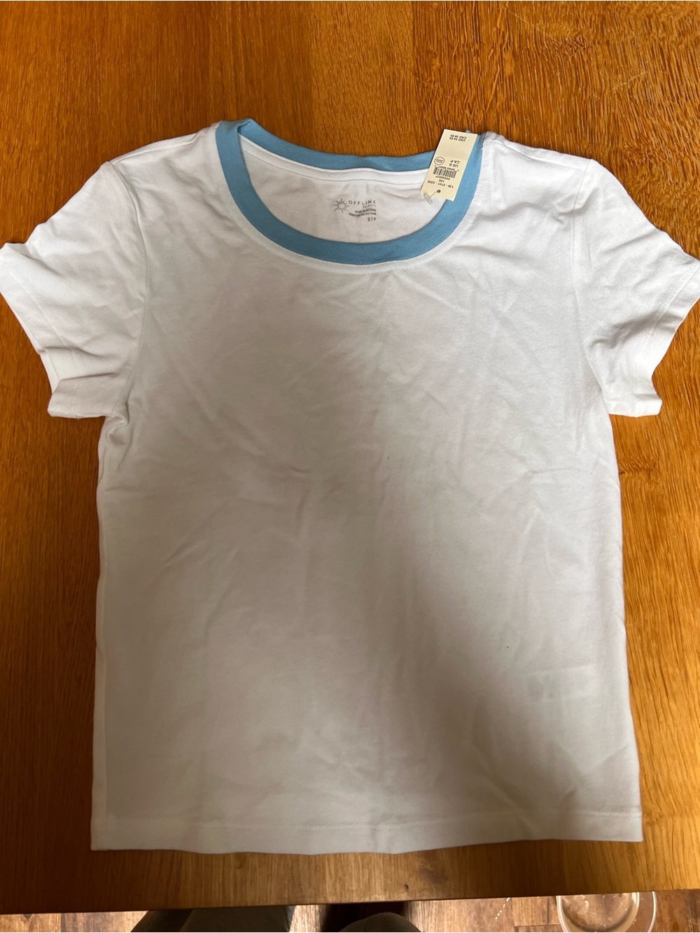 aerie White Tee with Light Blue Crew Neck